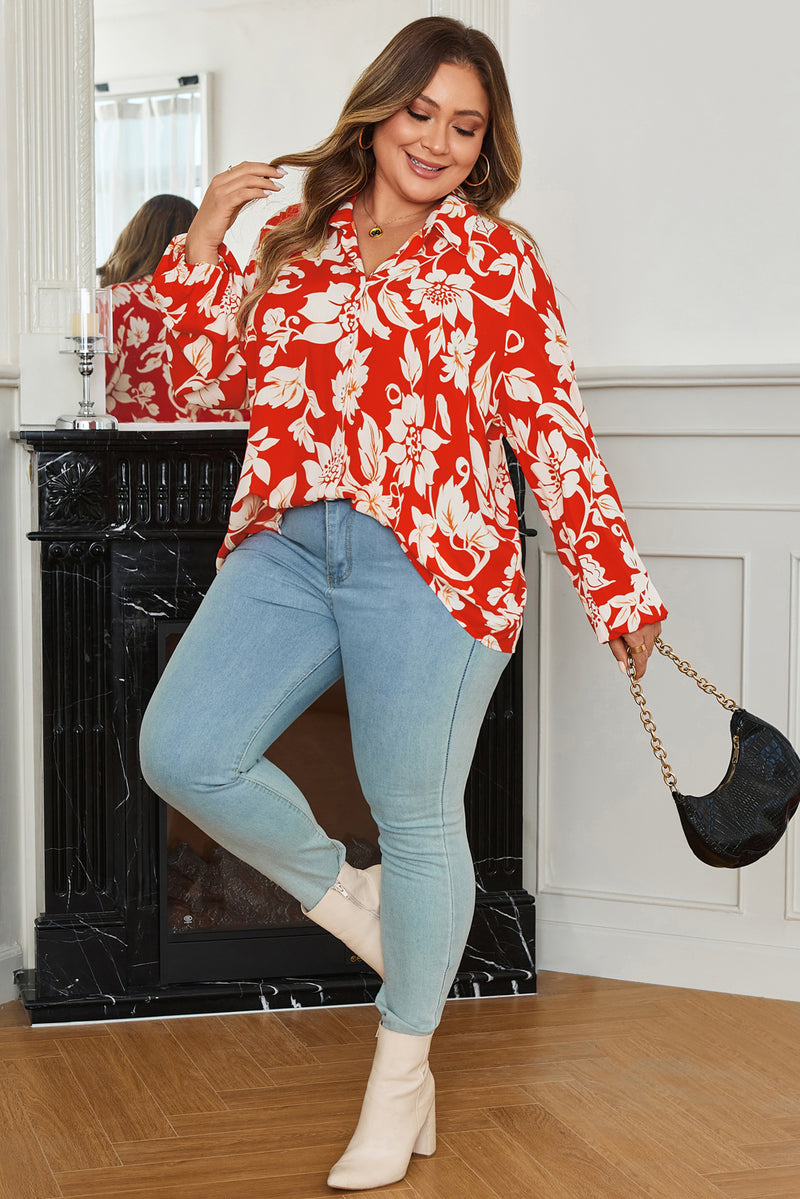 Plus Size Floral Print Loose Button Up Shirt