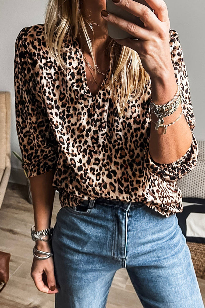 Stylish Apricot Leopard V Neck Half Sleeve Blouse