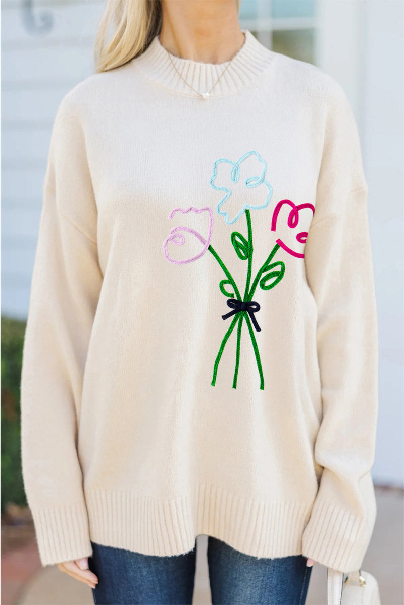 Embroidered Flower Bouquet Ribbed Trim Loose Sweater