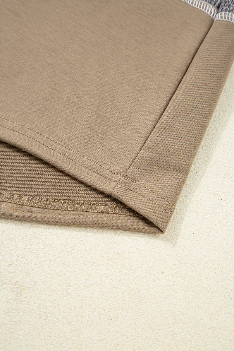 Mixed Texture Patchwork Exposed Seam Half Button Pullover Hooded Sweatshirt