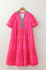 All over Print Contrast Split Neckline Short Puff Sleeve Curvy Dress