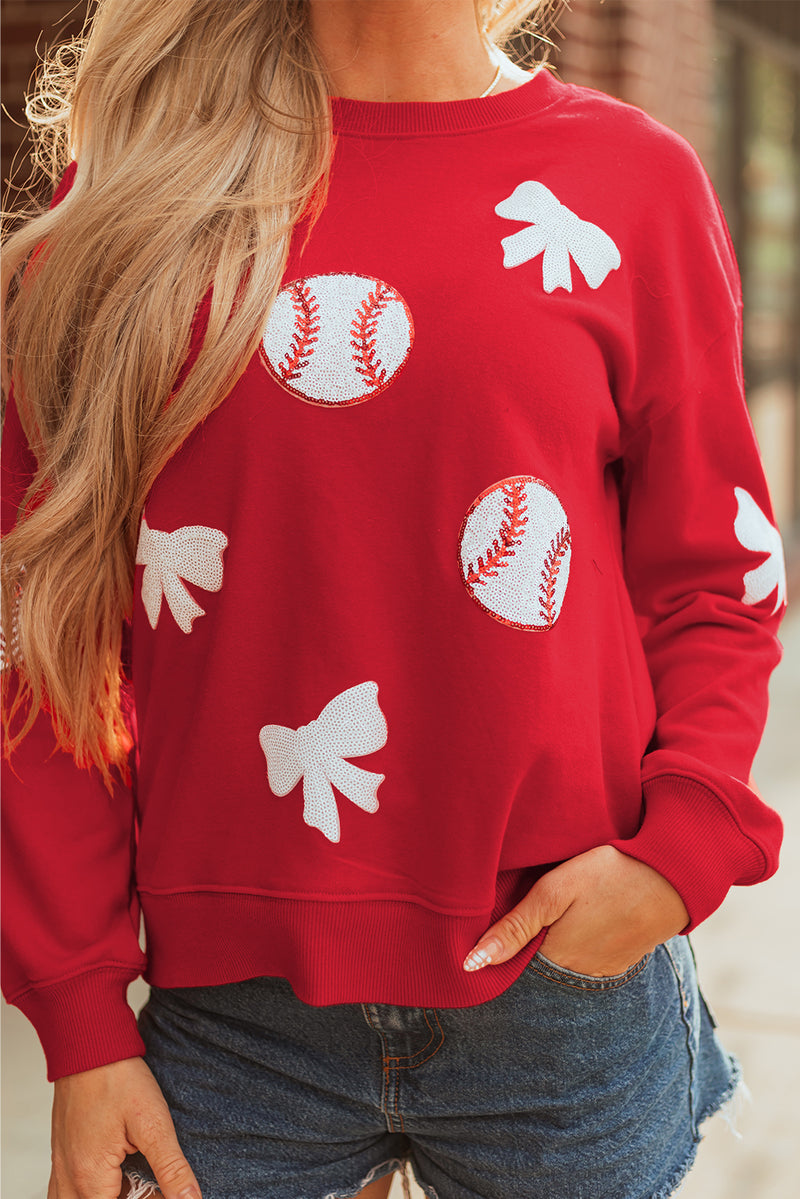 Sequin Baseball Bow Patched Pattern Game Day Pullover Sweatshirt