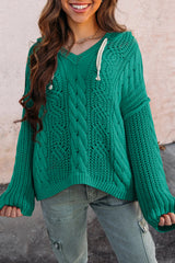 Solid Cable Knit V Neck Contrast Drawstring Hooded Sweater