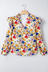 Ruffled Shoulder Long Sleeve Floral Blouse