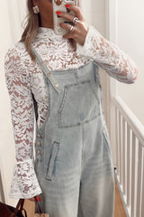 Lace Crochet Bell Sleeve Mock Neck Blouse