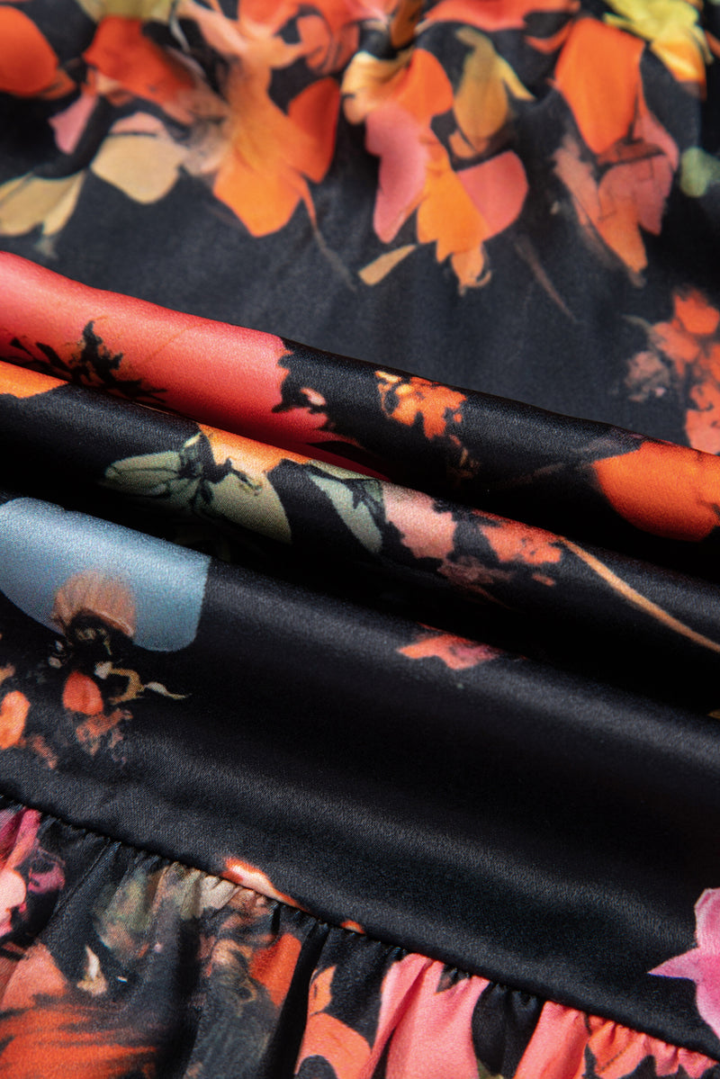 Plus Size Floral Print Tie Neck Cinched Waist Long Sleeve Mini Dress