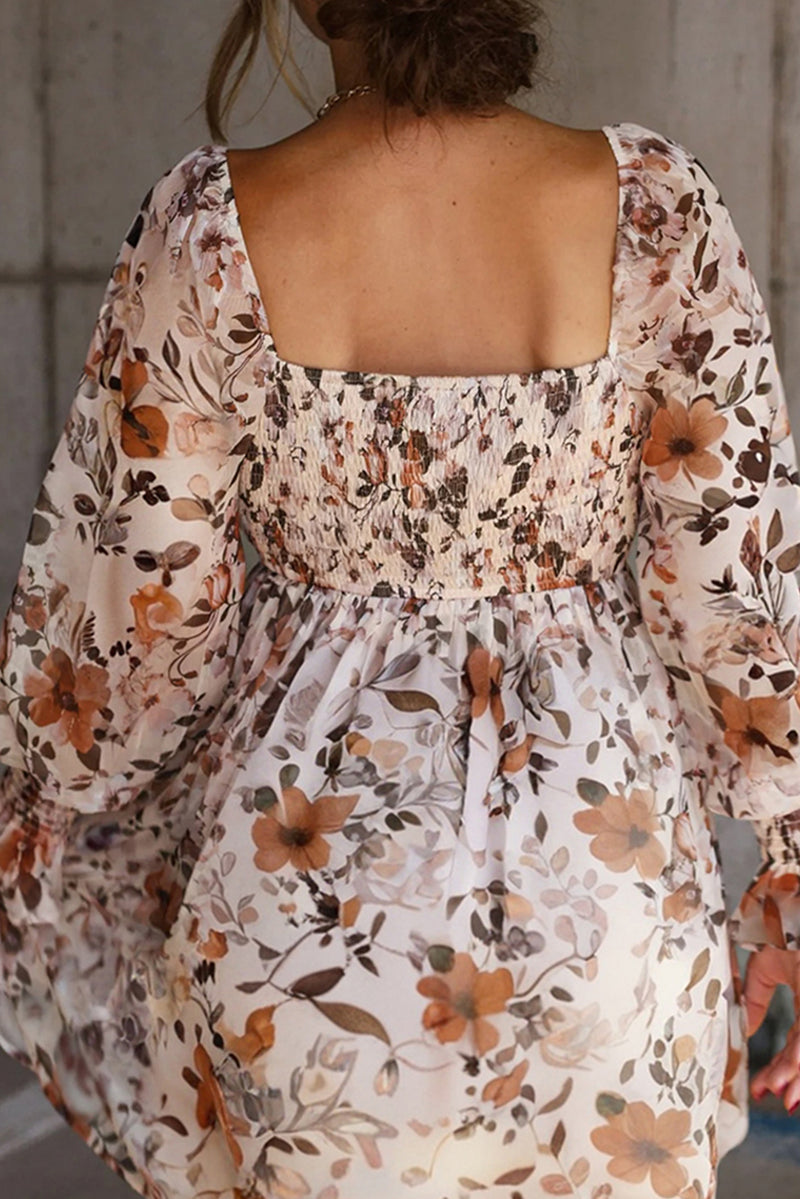 Floral Print Sweetheart Neck Long Sleeve High Waist Mini Dress