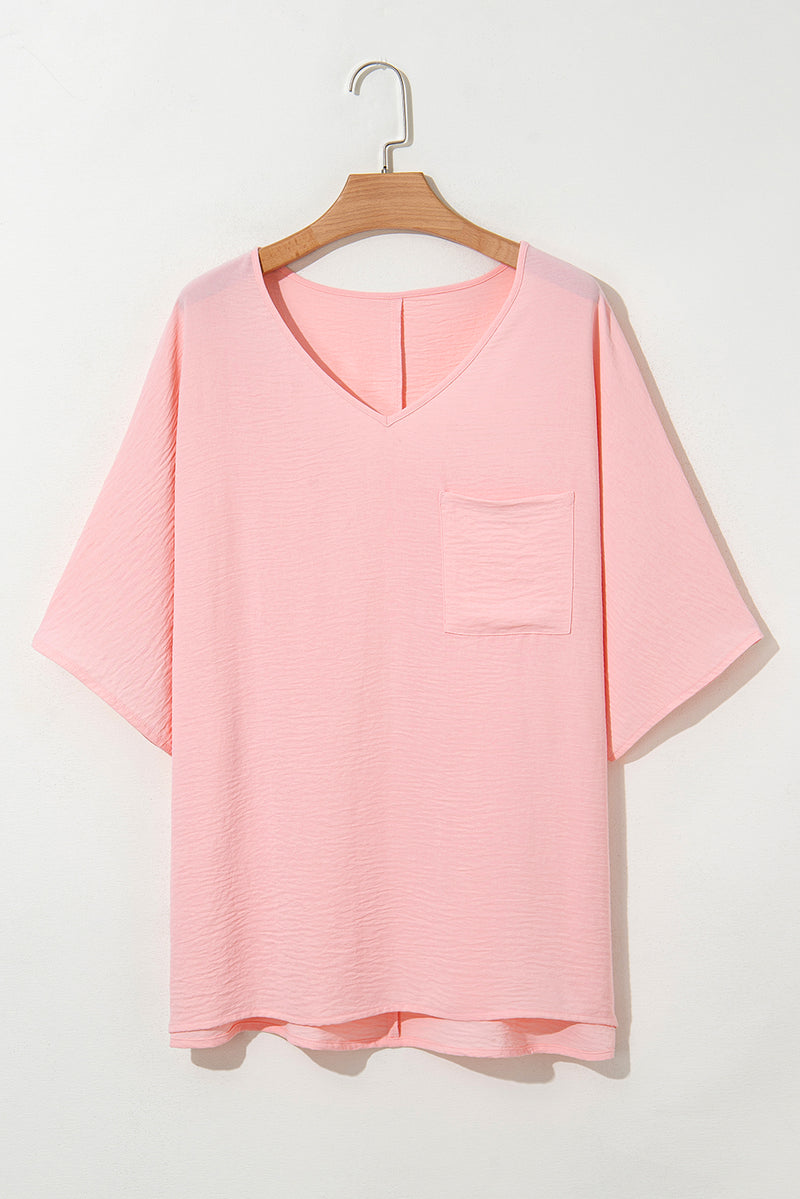 Textured Half Sleeve V Neck Plus Size T Shirt with Chest Pocket