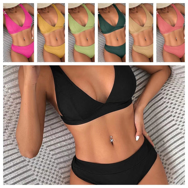 Women's Solid color Bikini Rib Lace-up Split