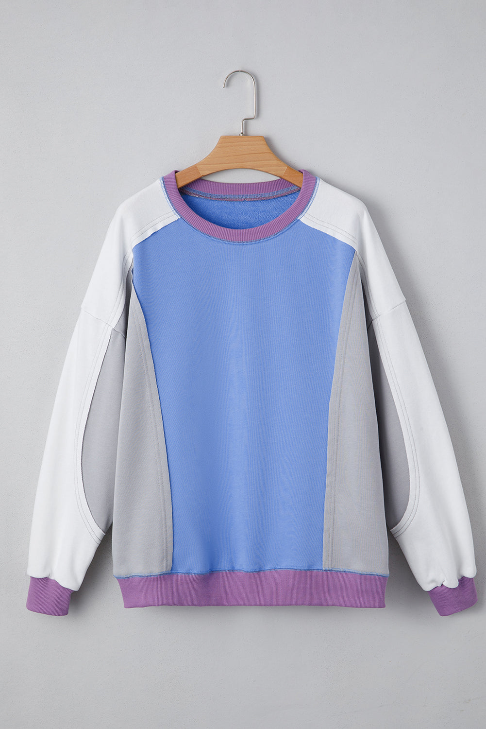 Exposed Seam Colorblock Patchwork Ribbed Trim Pullover Sweatshirt