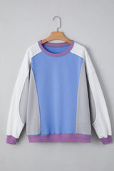 Exposed Seam Colorblock Patchwork Ribbed Trim Pullover Sweatshirt