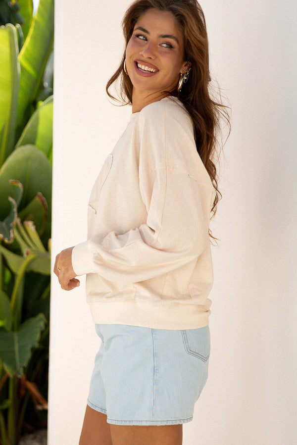 Raw Edge Flower Patch Drop Shoulder Casual Top