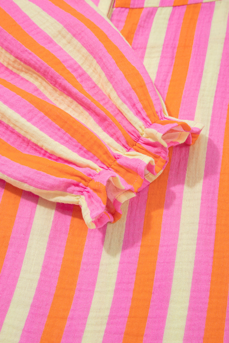 Stripe Crinkled Half Buttons V Neck Plus Size Blouse