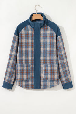 Plaid Corduroy Patchwork Collared Zip Up Snap Button Jacket