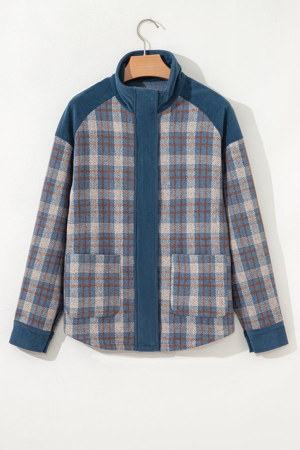 Plaid Corduroy Patchwork Collared Zip Up Snap Button Jacket