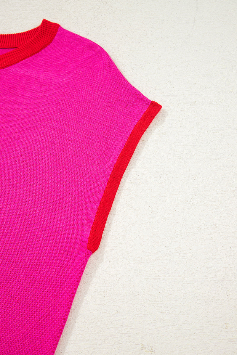 Contrast Trim Round Neck Short Sleeve Loose Knit Sweater