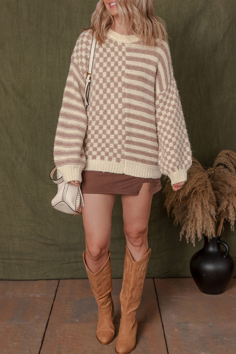 Stripe Checkerboard Drop Shoulder Balloon Sleeve Sweater