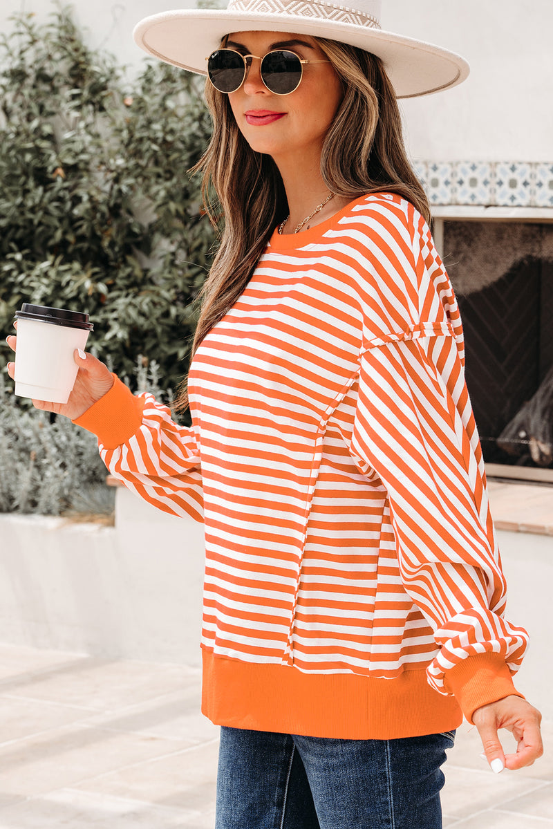 Stripe Exposed Seam Drop Shoulder Casual Pullover Top