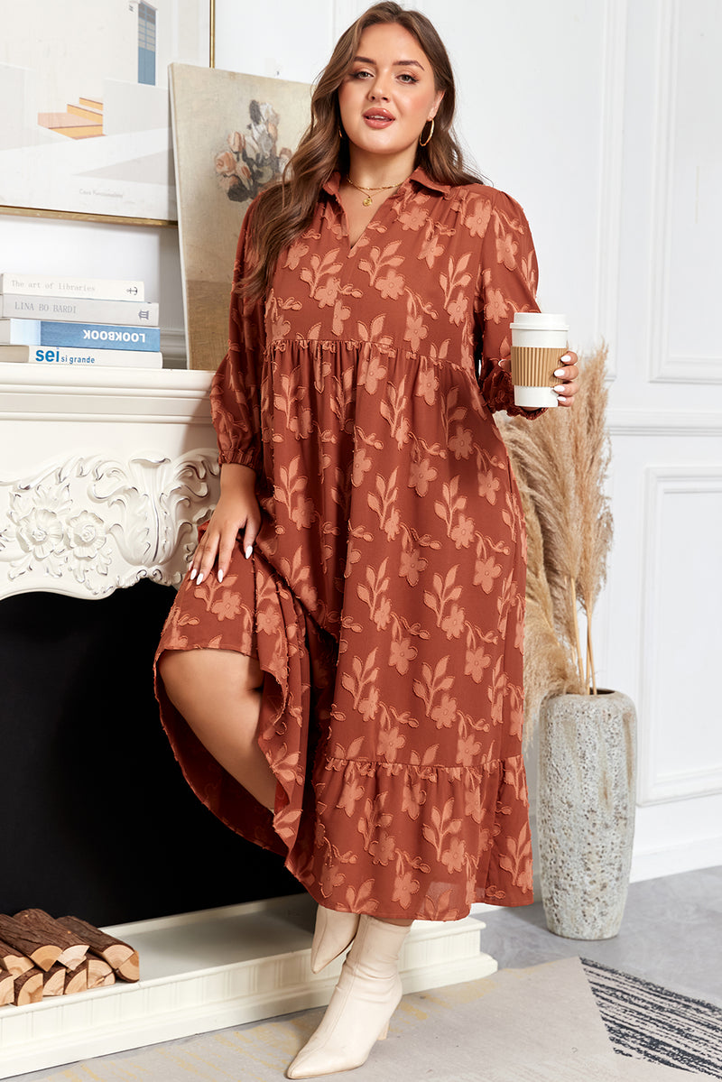 Plus Size Textured 3D Flower Pattern Ruffle Hem 3/4 Sleeve Long Dress