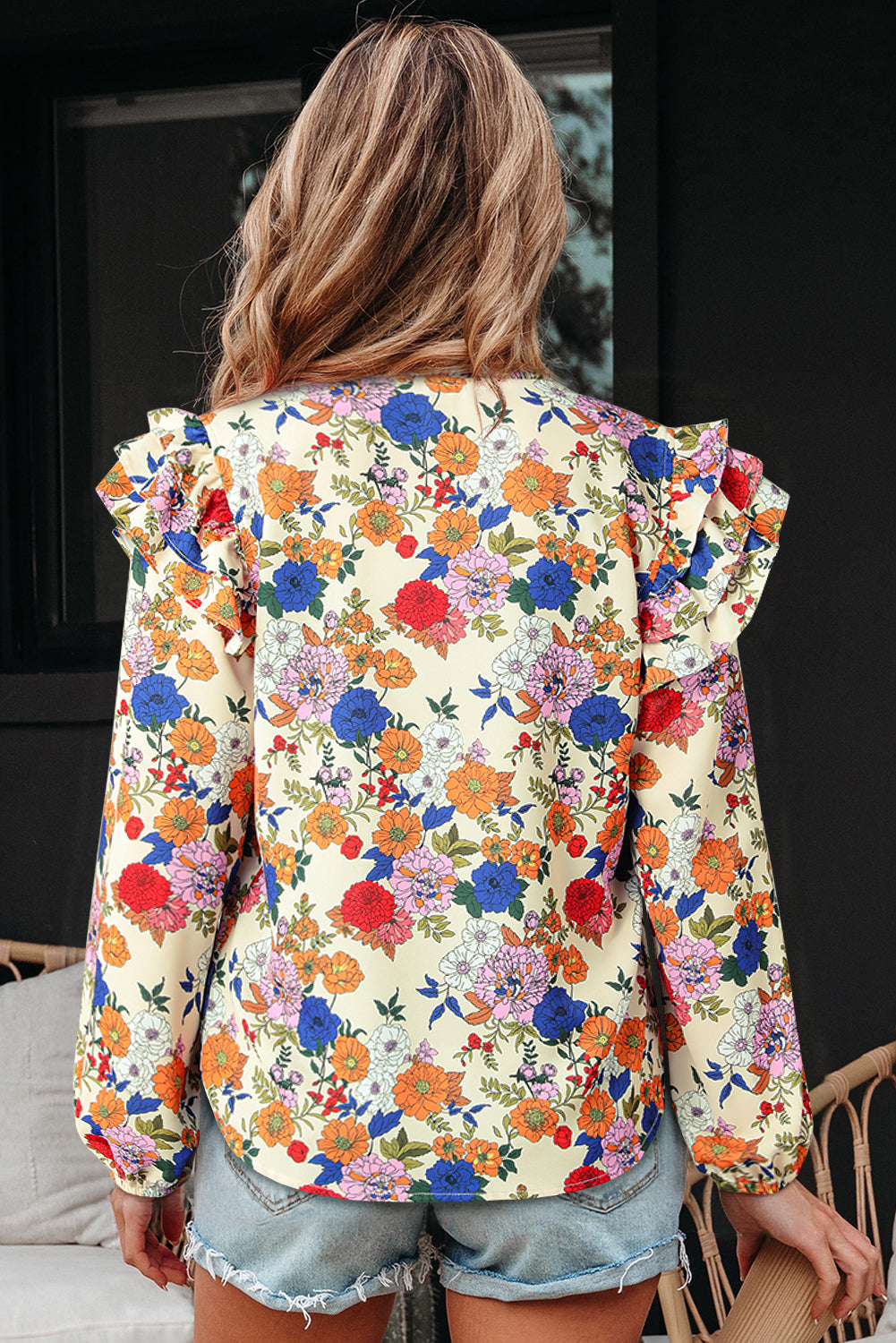 Ruffled Shoulder Long Sleeve Floral Blouse