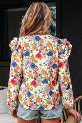 Ruffled Shoulder Long Sleeve Floral Blouse