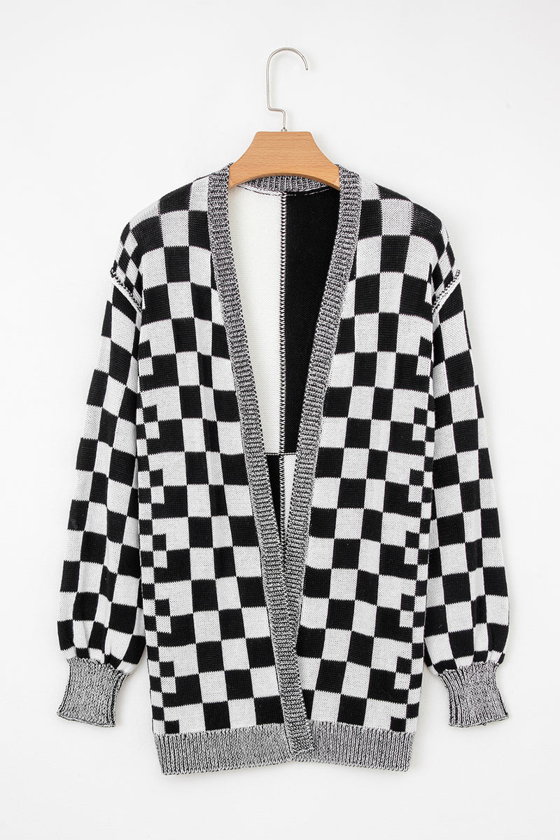 Checkered Open Front Drop Shoulder Cardigan