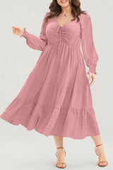 Solid Lace-up Ruched Front Long Sleeve Ruffle Hem Plus Size Midi Dress