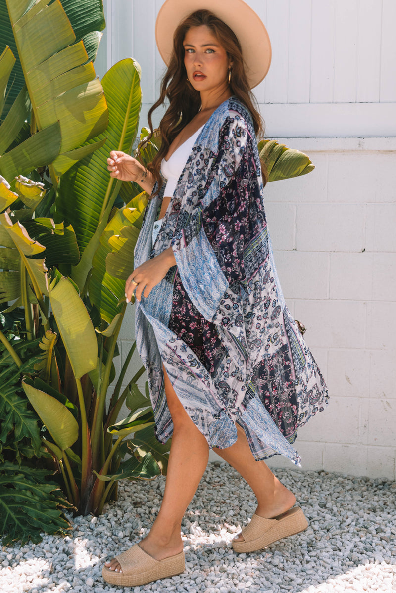 Retro Floral Print Long Loose Open Front Kimono