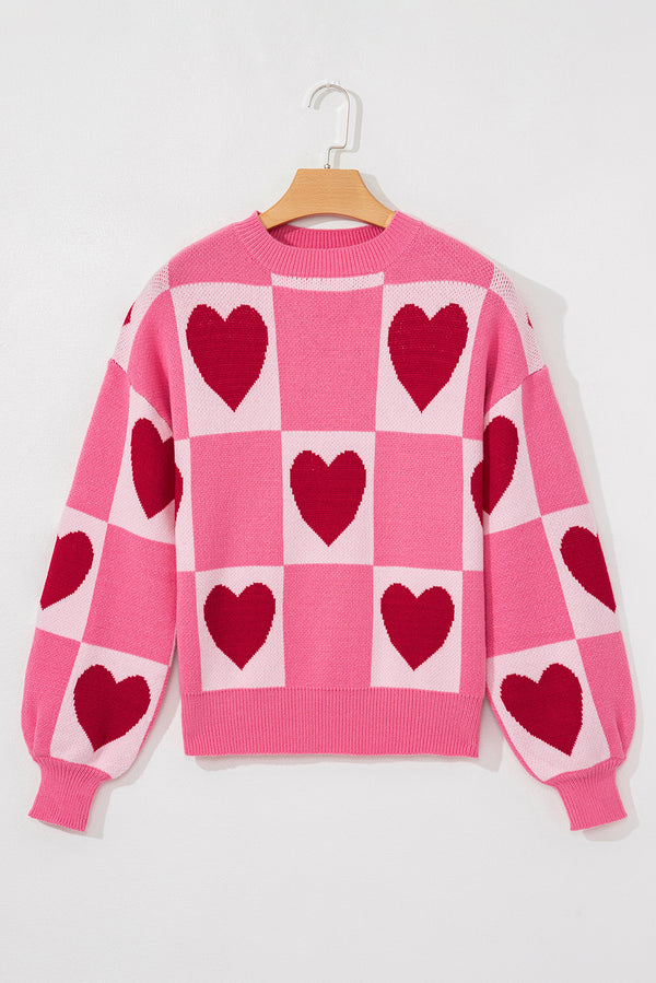 Love Heart Checkered Valentine Crew Neck Sweater
