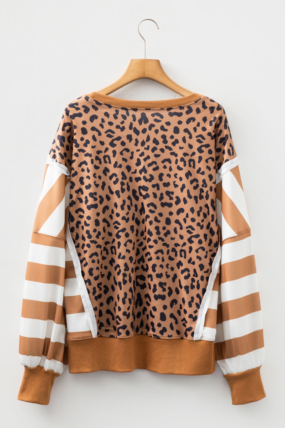 Stripe Color Block Patchwork Leopard Casual Sweatshirt with Slits