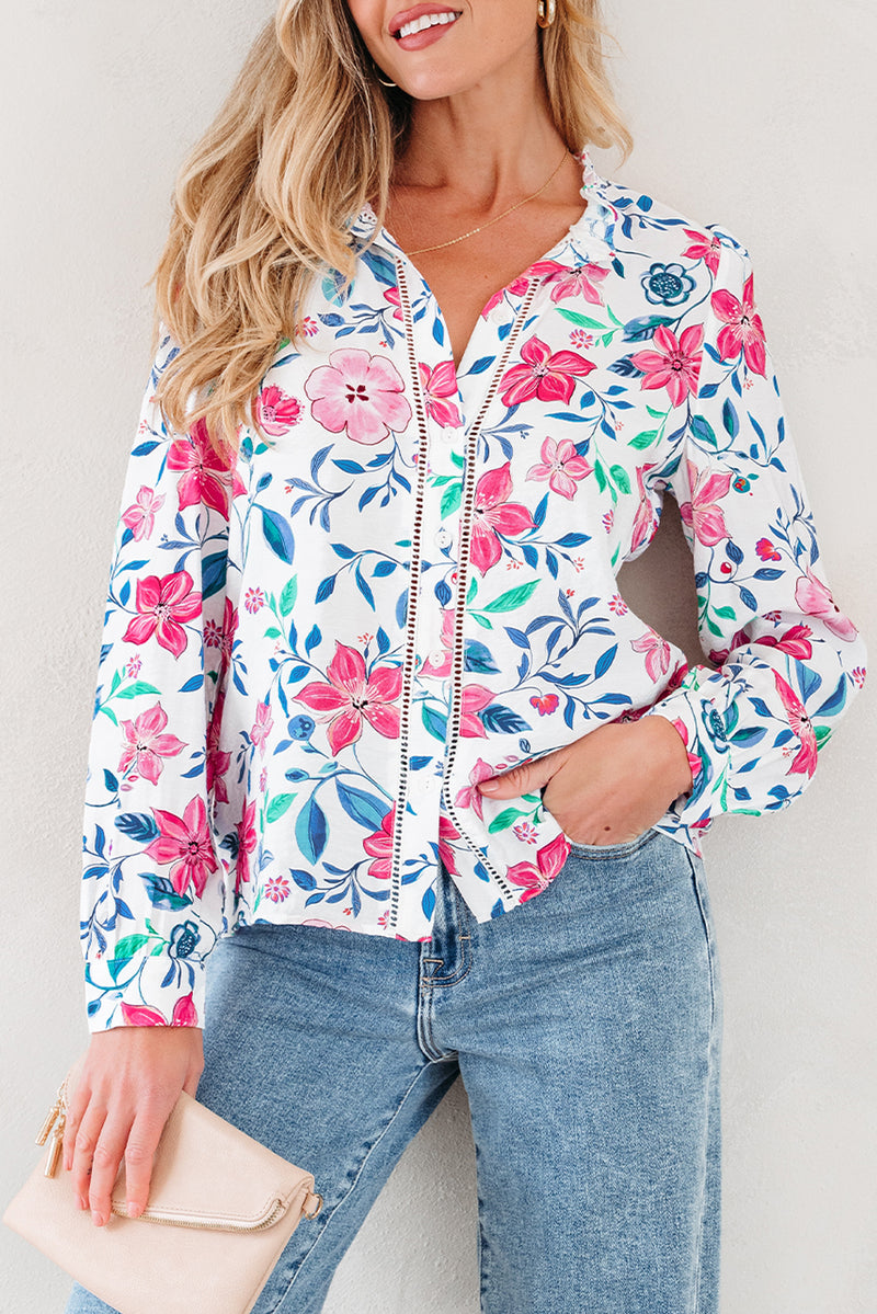 Pink Floral Print Lace Detail Button-up Long Sleeve Shirt
