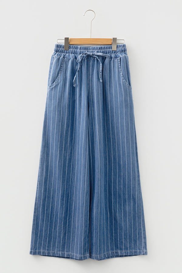 Stripe Chambray Wide Leg Tied Elastic Waist Trousers