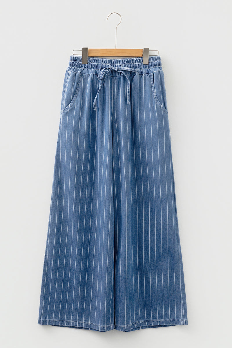 Stripe Chambray Wide Leg Tied Elastic Waist Trousers