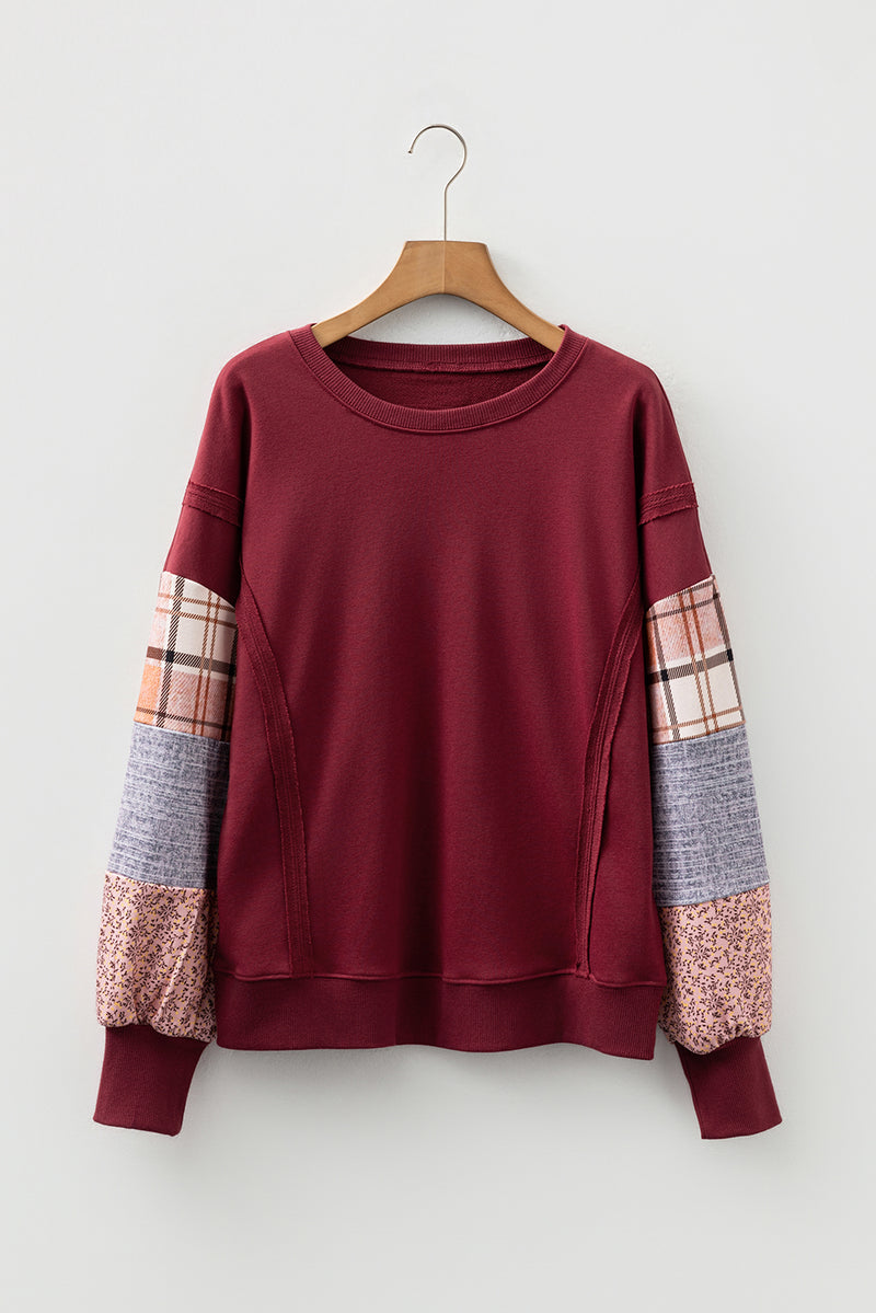 Plaid Colorblock Patchwork Sleeve Raw Seam Sweatshirt