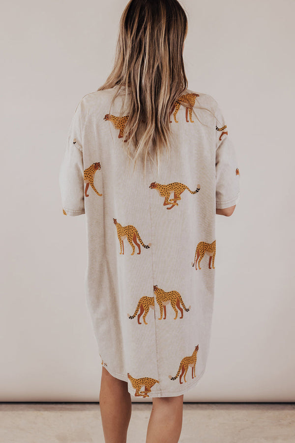Plus Size Cheetah Print Side Pockets T Shirt Mini Dress