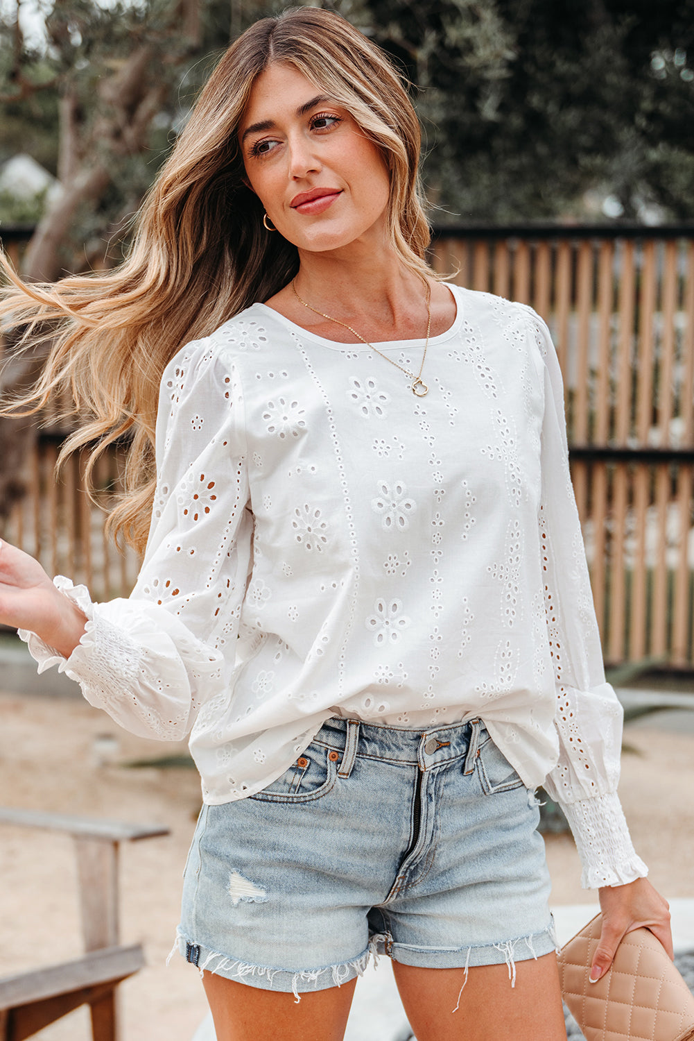 Eyelet Embroidered Smocked Cuff Sheer Blouse