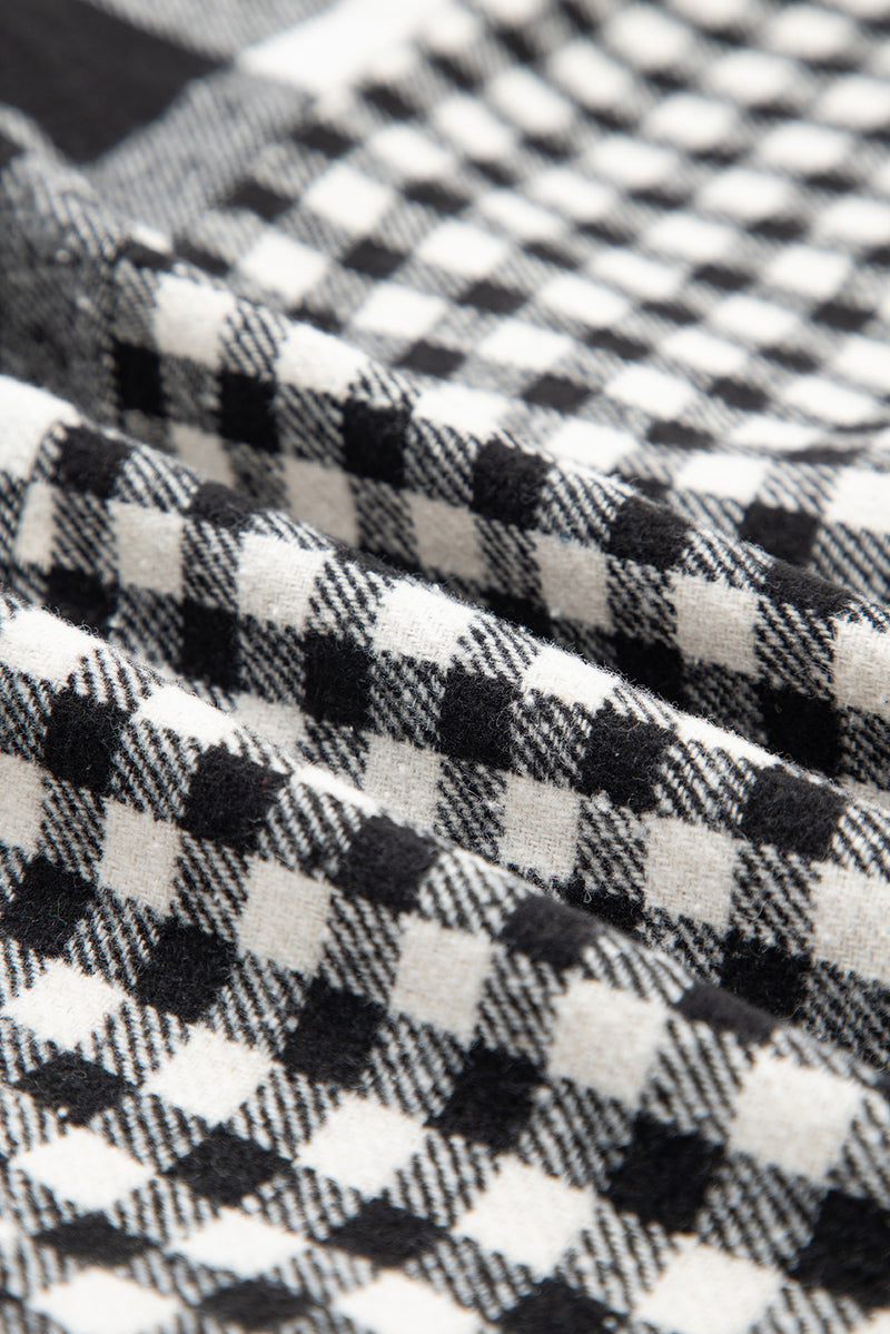 Double Plaid Patchwork Drawstring Hooded Shacket