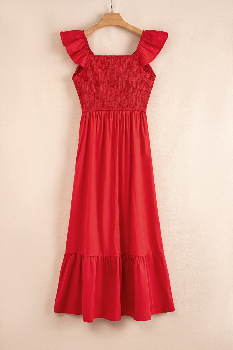 Solid V Neck Flutter Sleeve Smocked Bodice High Waist Ruffle Maxi Dress