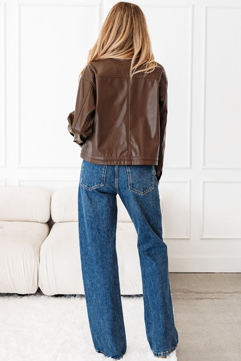 Double Flap Pocket Drawstring Hem Leather Jacket