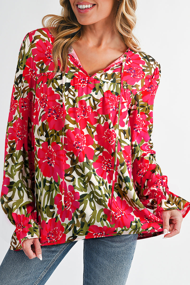 Floral Print Lace up V Neck Flounce Sleeve Blouse