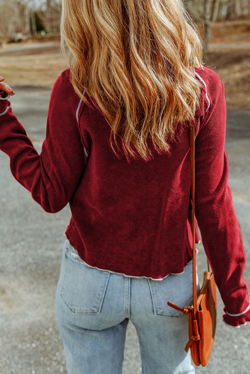 Solid Textured Round Neck Long Sleeve Top