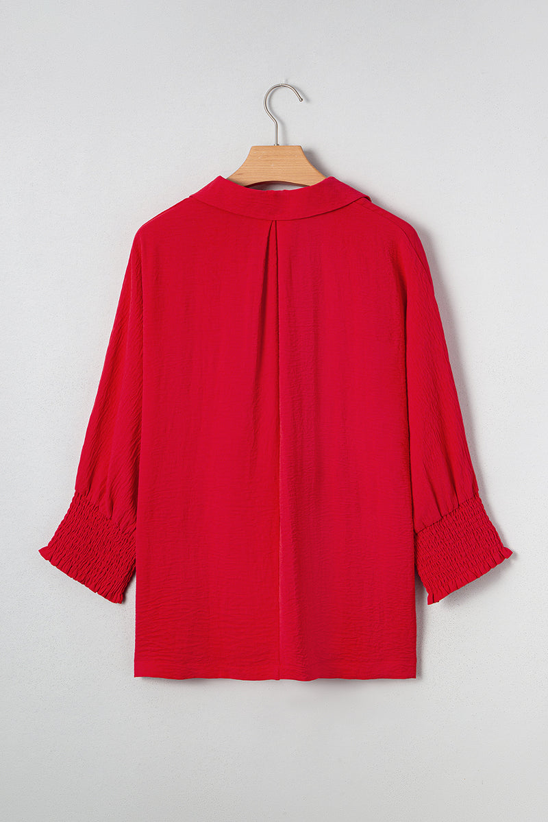V Neck Collared Shirred 3/4 Sleeve Oversized Tunic Top