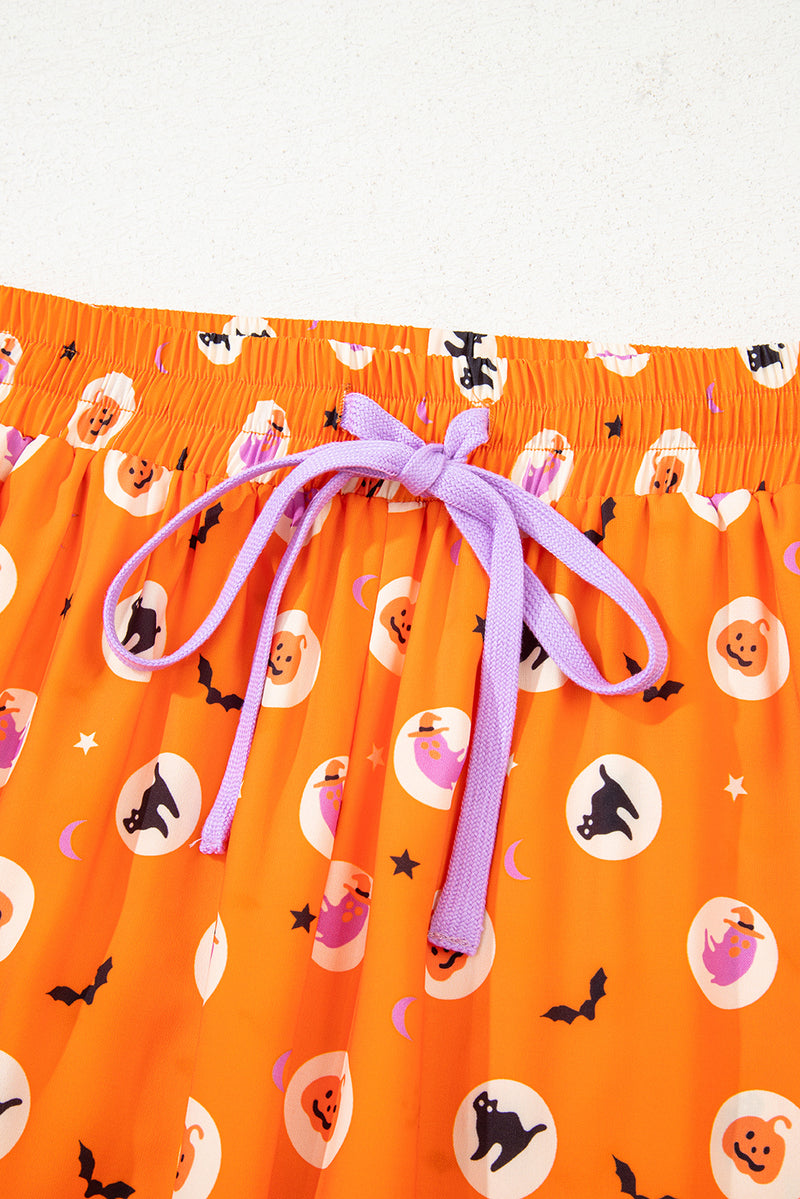 Halloween Print Lapel Shirt Long 2pcs Pajama Set