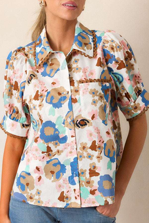 Floral Print Ricrac Trim Collared Puff Short Sleeve Shirt