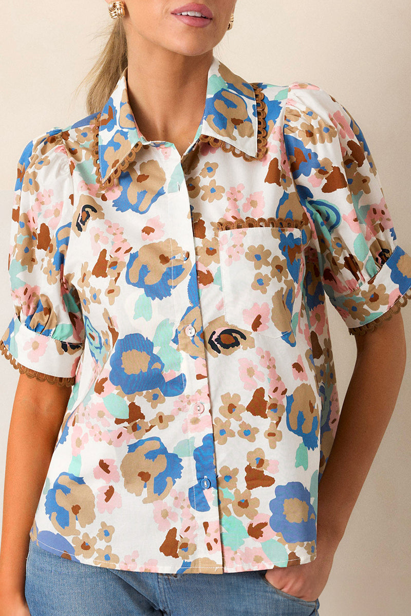 Floral Print Ricrac Trim Collared Puff Short Sleeve Shirt
