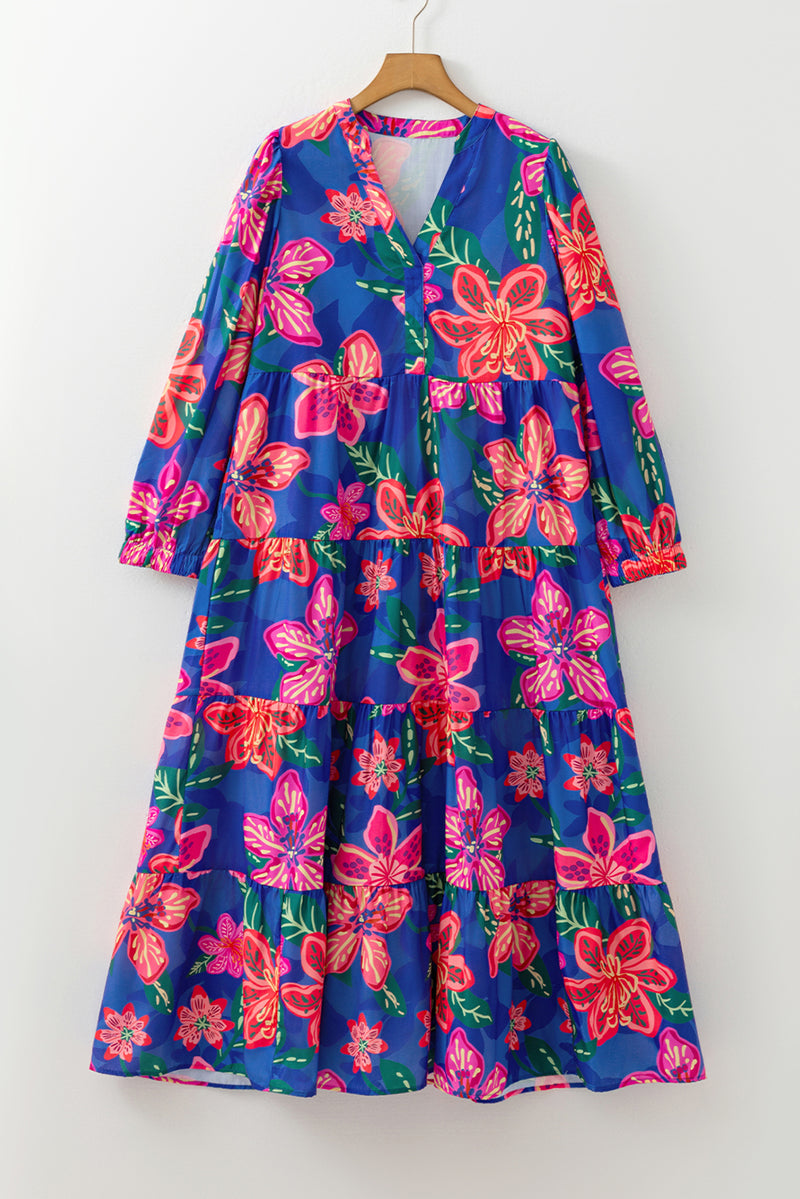 Floral Print 3/4 Sleeve V Neck Tiered Long Dress