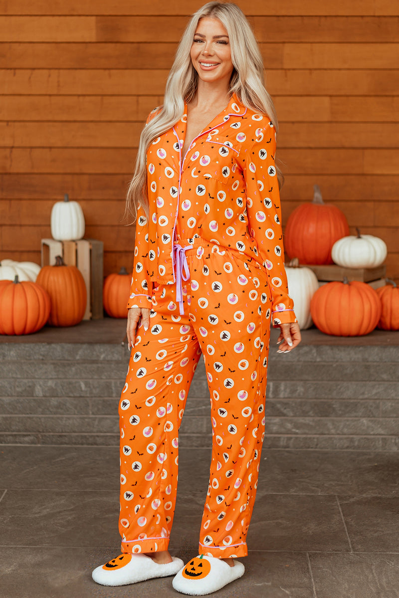 Halloween Print Lapel Shirt Long 2pcs Pajama Set