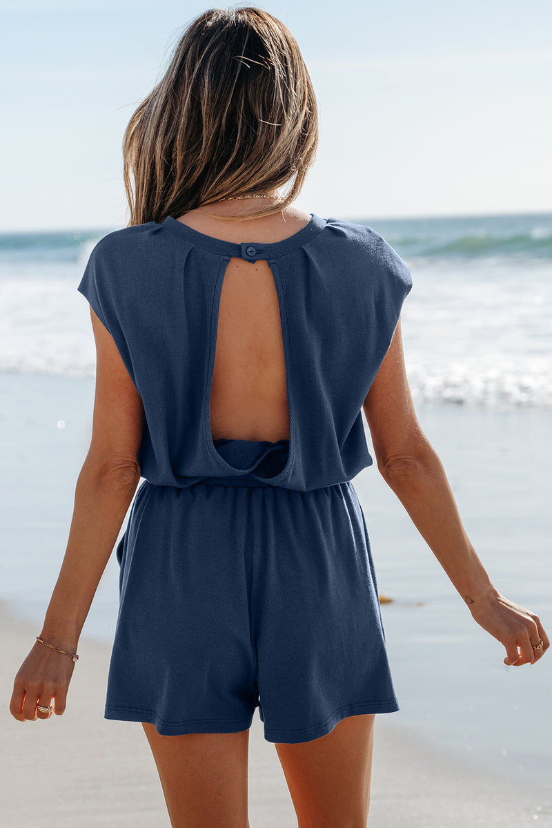 Solid Knit Open Back Cap Sleeve Drawstring Elastic Waistband Romper