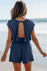 Solid Knit Open Back Cap Sleeve Drawstring Elastic Waistband Romper