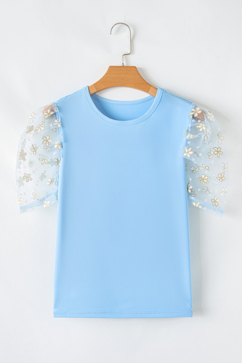 Floral Mesh Puff Sleeve Crew Neck Top